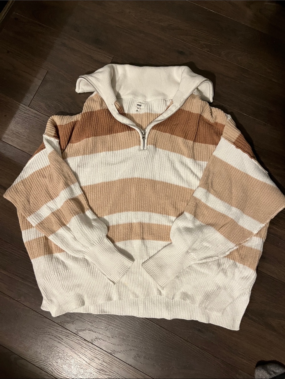 Women Striped Half-Zip Sweater Pullover in Cream and Tan